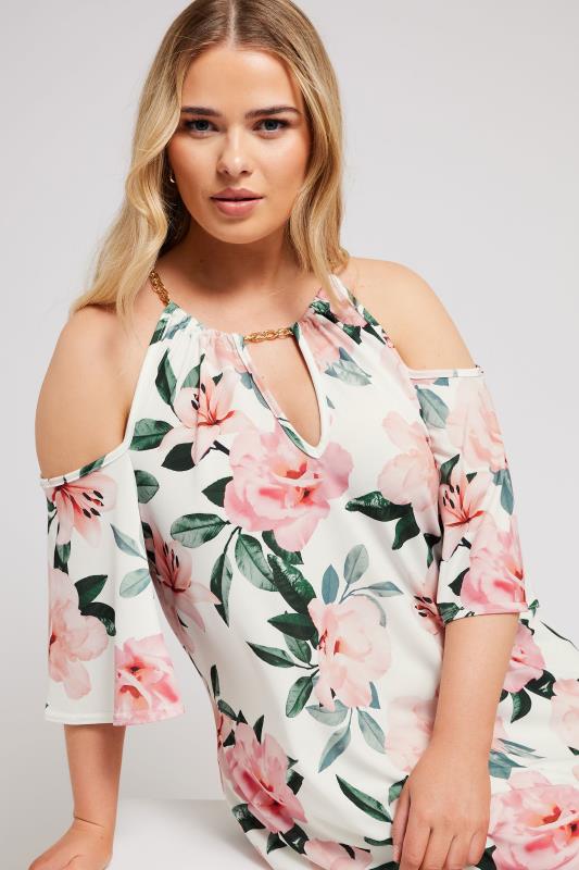 Yours London YOURS LONDON Curve White Floral Print Chain Cold Shoulder Top