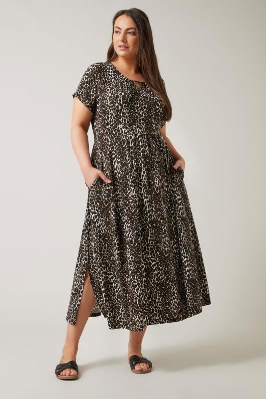 Evans EVANS Curve Brown Leopard Print Metal Trim Midaxi Dress