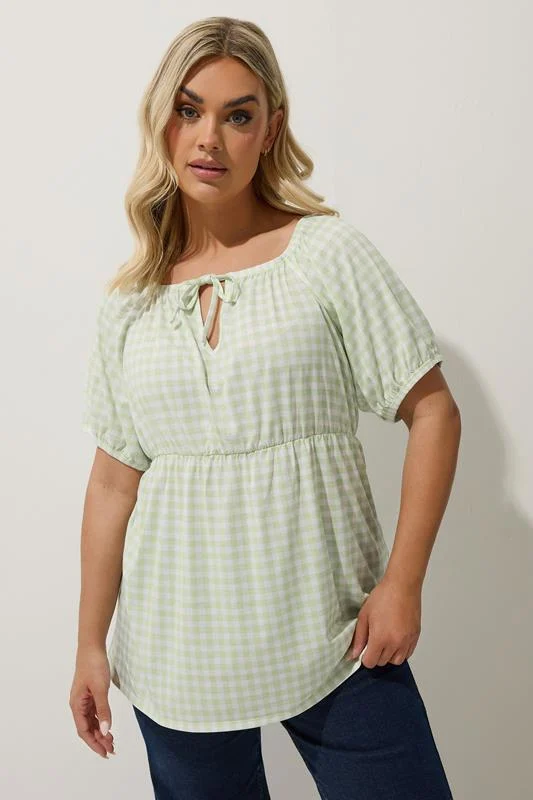 Limited Collection LIMITED COLLECTION Curve Sage Green Gingham Tie Neck Peplum Top