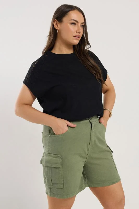 Yours YOURS Curve Black Crochet Detail Linen T-Shirt