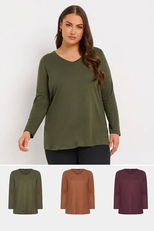 Yours YOURS 3 PACK Curve Brown & Khaki Green Long Sleeve V-Neck T-Shirts
