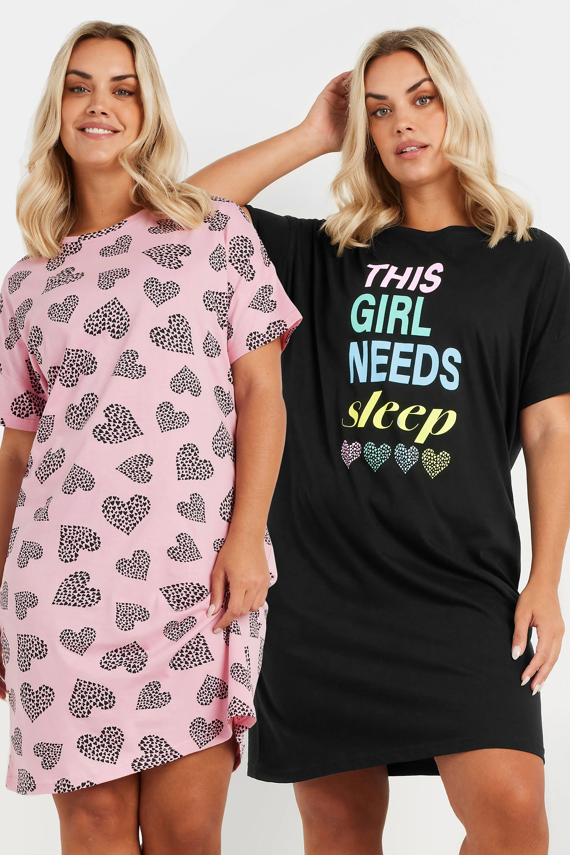 Yours YOURS Curve 2 PACK Pink & Black Heart Print Slogan Nightdresses