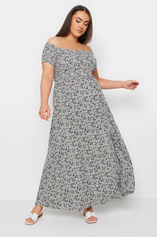 Yours YOURS Curve Grey Floral Print Bardot Midaxi Dress