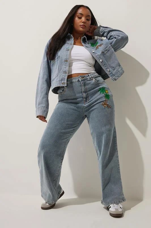 Limited Collection LIMITED COLLECTION Curve Blue Denim Palm Tree Embroidered Jeans