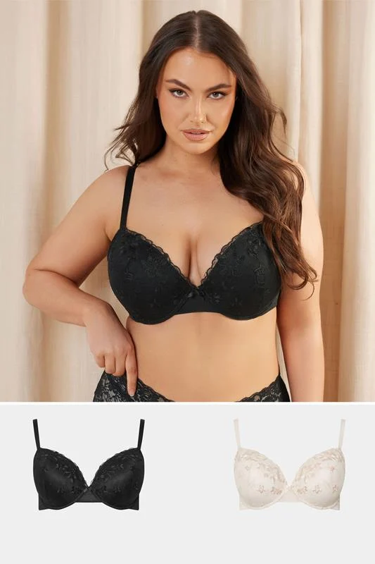 Yours YOURS 2 PACK Curve Black & White Floral Lace Embroidered Padded Bras