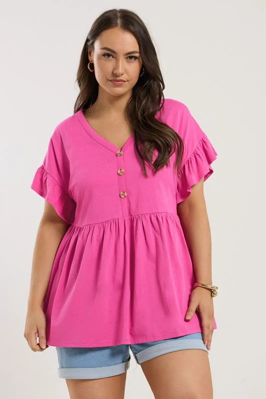 Yours YOURS Curve Pink Button Frill Sleeve Peplum Top