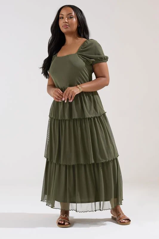 Yours YOURS Curve Khaki Green Tiered Maxi Dress