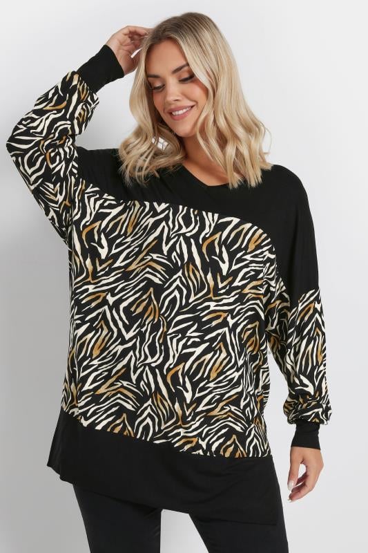 Yours YOURS Curve Black & White Zebra Print Colourblock Top