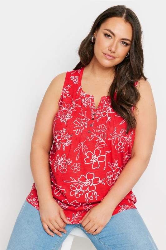 Yours YOURS Curve Red Floral Print Pintuck Henley Vest Top