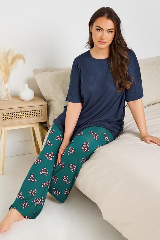Yours YOURS Curve Navy Blue Leopard Print Flare Pyjama Bottoms