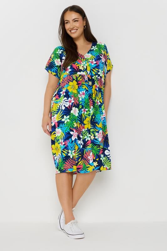 Yours YOURS Curve Blue Tropical Print Pleat Front Dress