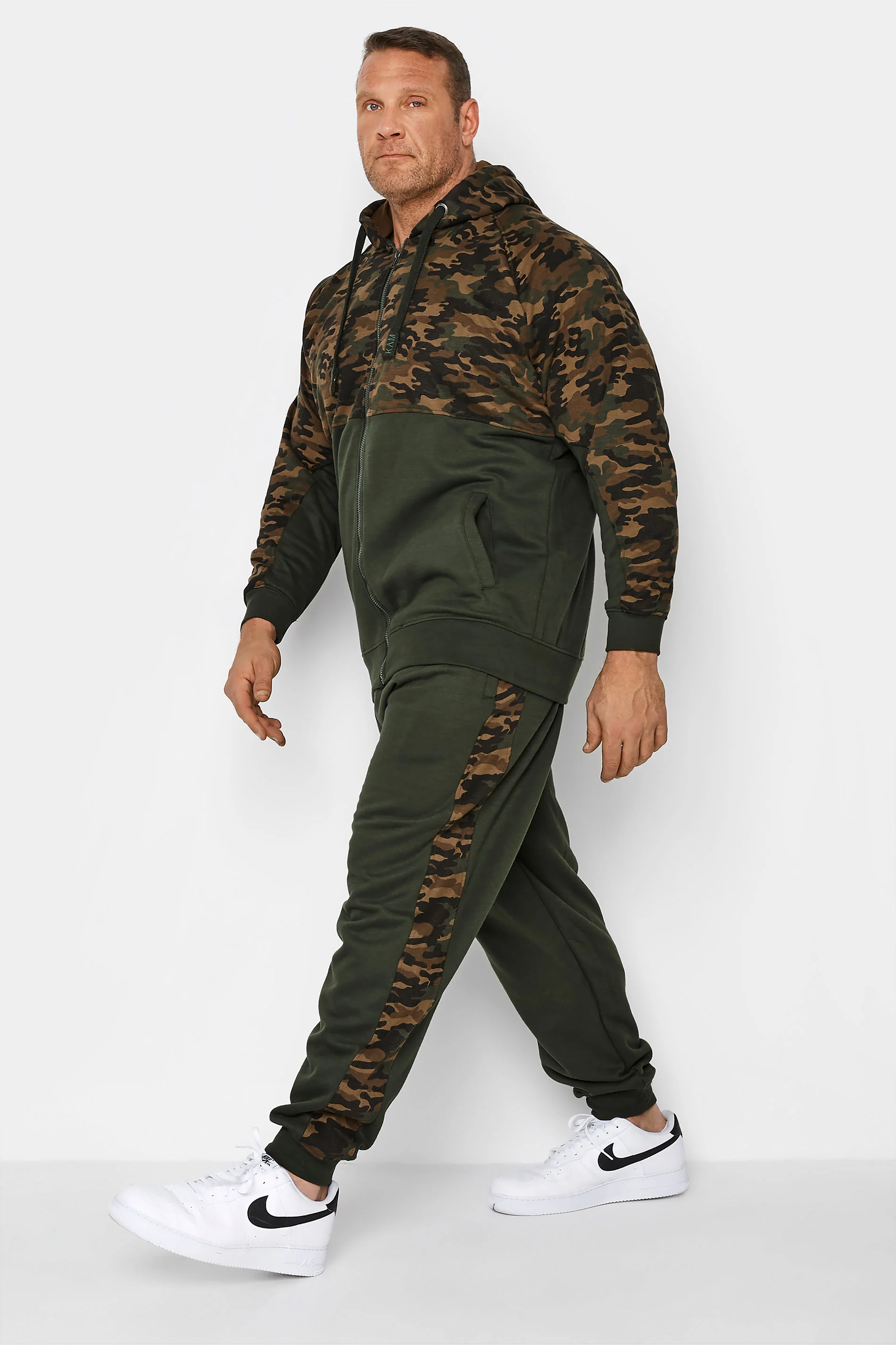 Kam KAM Big & Tall Khaki Green Camo Colour Block Zip Through Hoodie