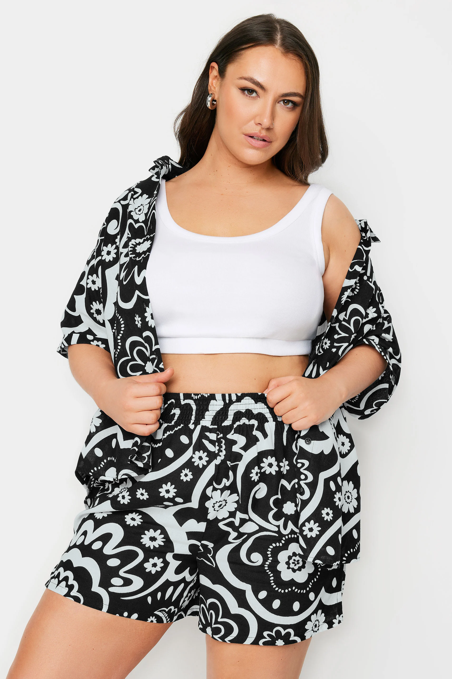 Yours YOURS Curve Black Floral Print Linen Shorts