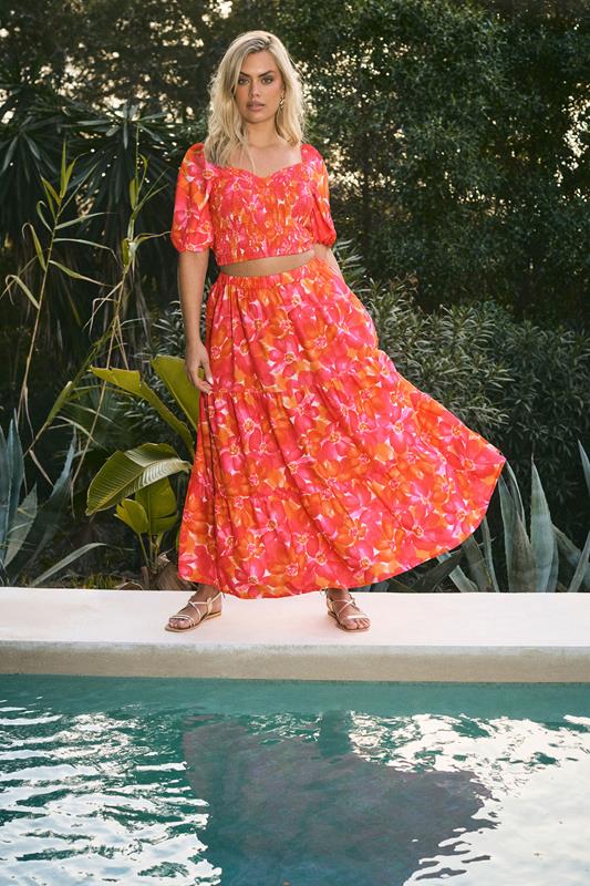 Yours YOURS Curve Pink Floral Tiered Maxi Skirt