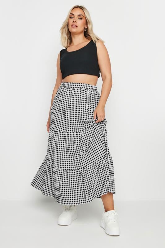 Yours YOURS Curve Black Gingham Textured Maxi Skirt