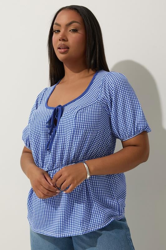 Limited Collection LIMITED COLLECTION Curve Cobalt Blue Gingham Bow Tie Front Top