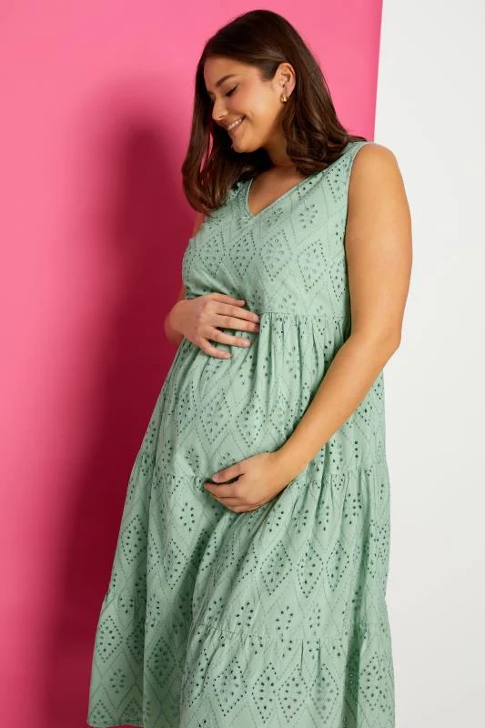 Bump It Up BUMP IT UP MATERNITY Curve Sage Green Broderie Anglaise Tiered Midi Dress