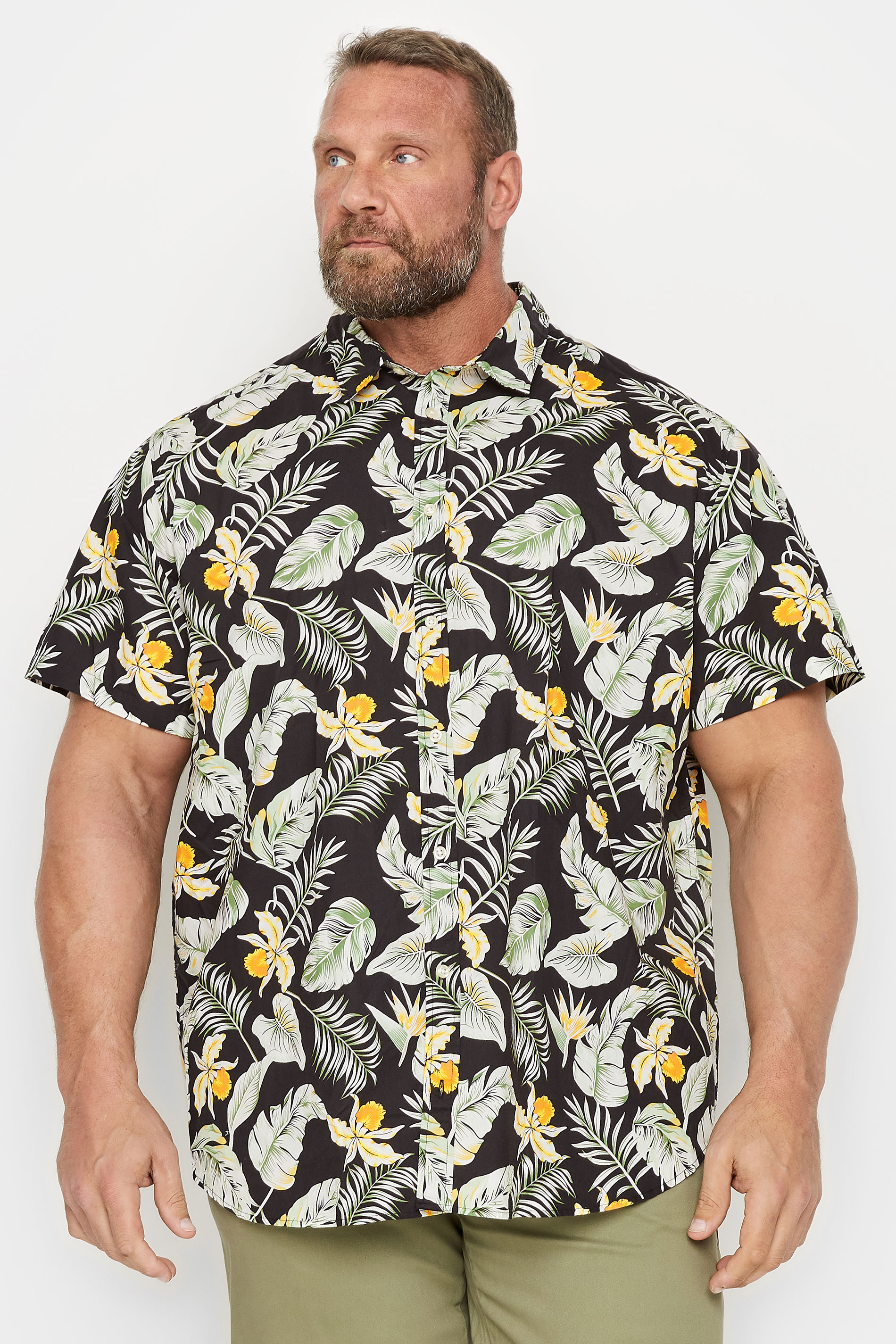 Jack & Jones JACK & JONES Big & Tall Black Tropical Print Short Sleeve Cotton Shirt