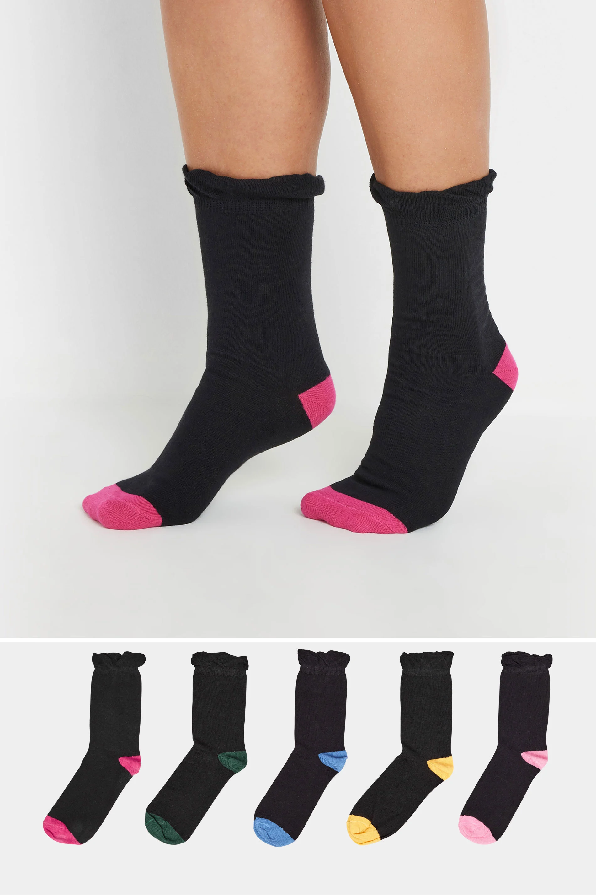 Yours YOURS 5 PACK Curve Black Contrast Heel Ankle Socks