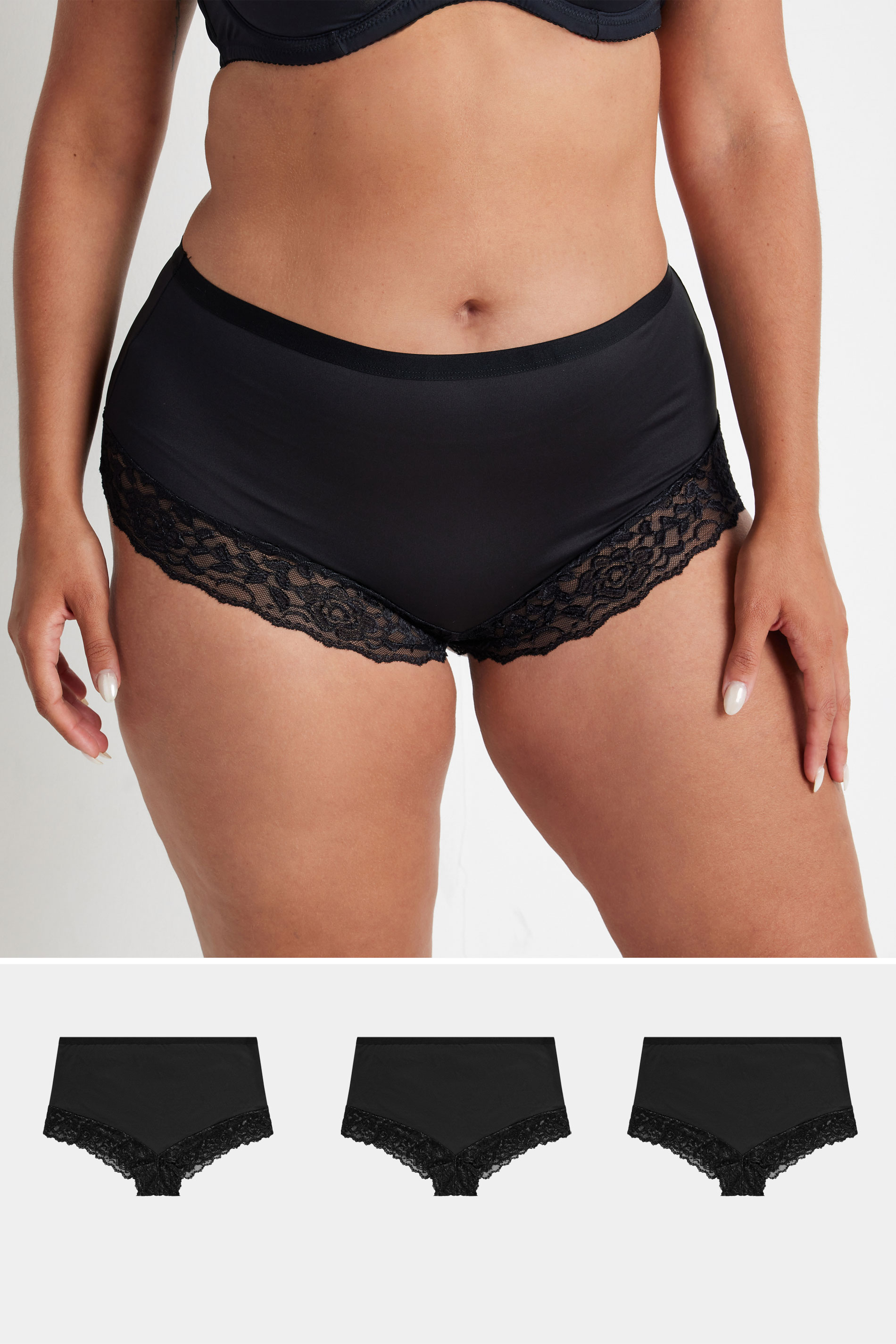 Yours YOURS Curve 3 PACK Black Lace Trim Briefs