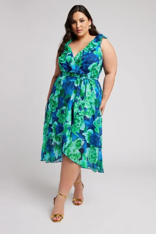 Yours London YOURS LONDON Curve Green Floral Print Ruffle Wrap Dress