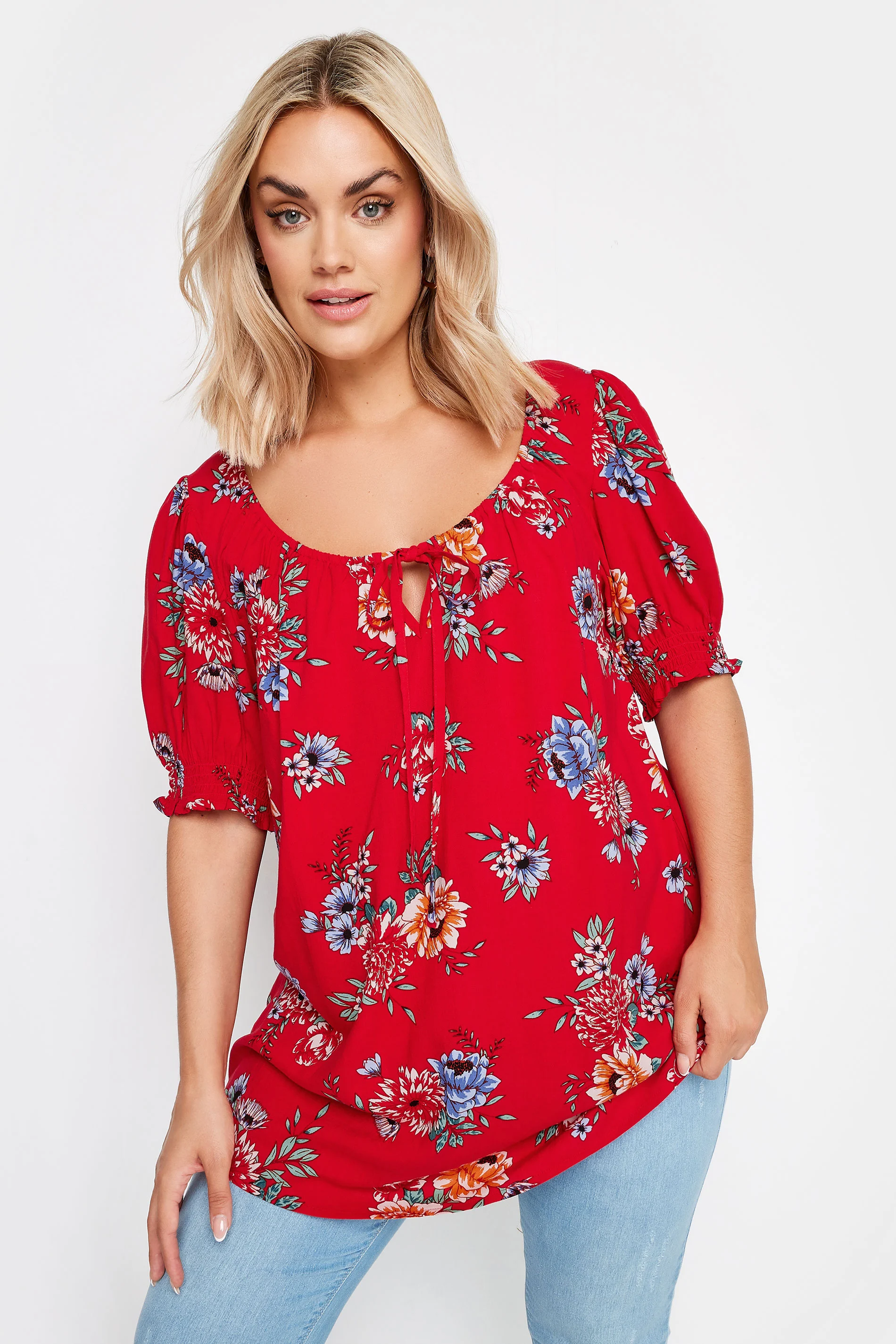 Yours YOURS Curve Red Floral Print Tie Neck Top