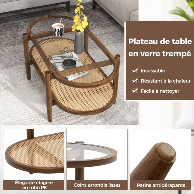 Table basse ovale en verre trempé avec cadre en bois d'acacia table de salon 2 niveaux avec étagère ouverte en rotin pe marron 20_0009334