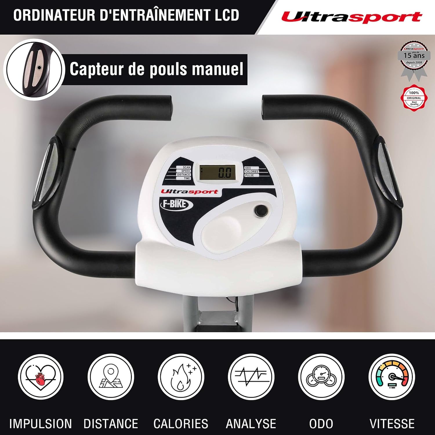 Ultrasport F-Bike, entraneur vélo, vélo d'appartement, home trainer pliable, écran LCD, opt. capteurs pouls main, Niveaux de résistance réglables, faciles à assembler, idéal pour athlètes et seniors