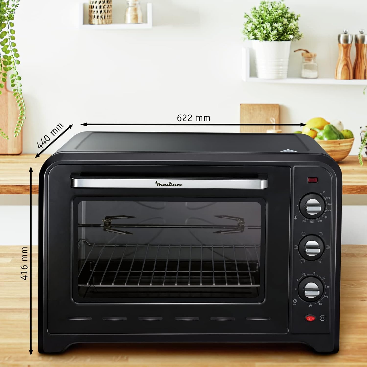 Moulinex Four électrique posable 19 L, Compact, chaleur tournante, 6 modes de cuisson, Thermostat réglable jusqu’à 240°C, Minuteur 120 min, Grille réversible, Lèche frites, Optimo noir OX444810