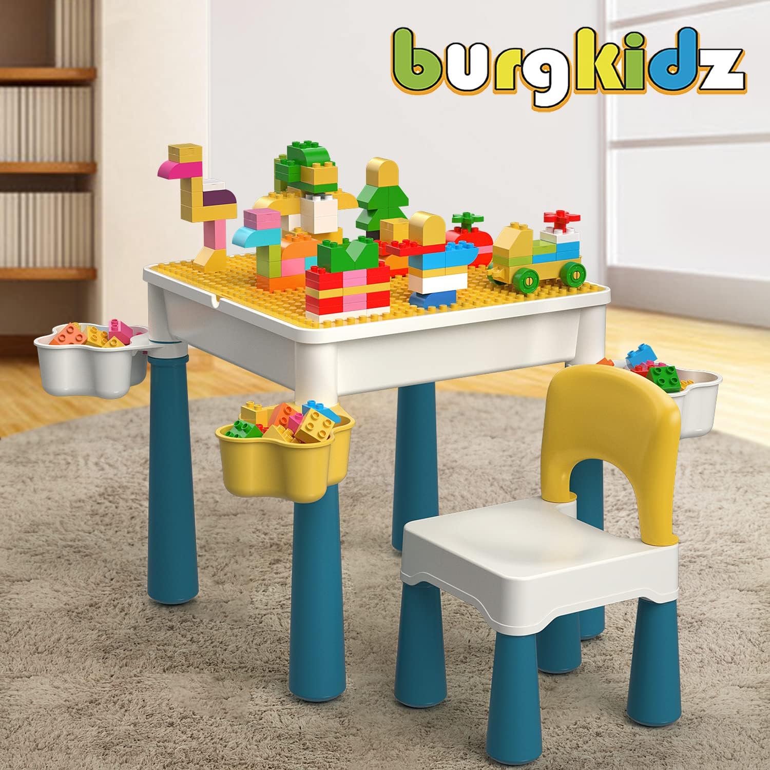 burgkidz Ensemble de Table Multi-activités pour Enfants 5-en-1-128 Pièces Blocs de Construction de Grandes Briques Compatibles, Jeu Comprenant 1 Chaise et 1 Table avec Rangement, Bleu