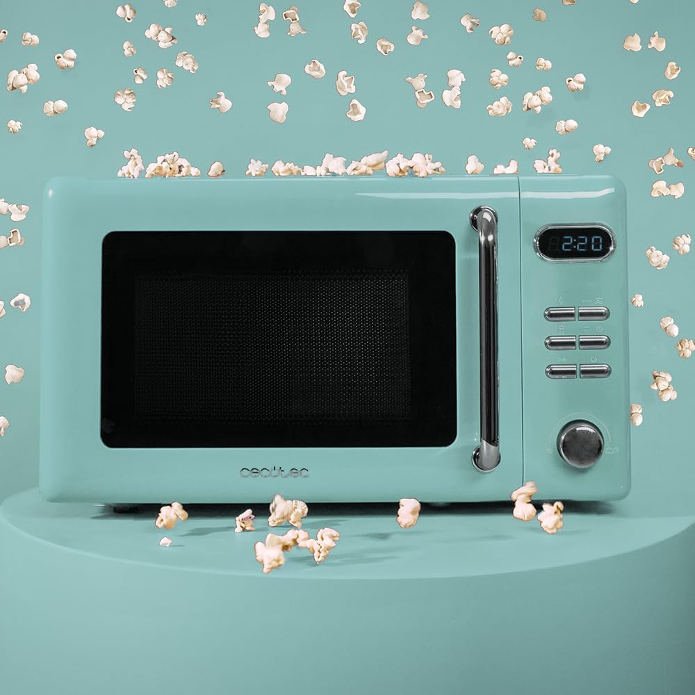 Cecotec Micro-Ondes Mécanique avec Grill Proclean 3110 Retro Bleu. 20 L, 700 W en 6 niveaux, minuterie jusqu'à 30 minutes, mode dégivrage, design vintage bleu, finitions en acier.