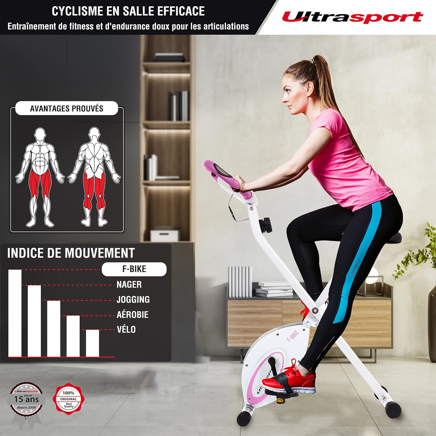 Ultrasport F-Bike, entraneur vélo, vélo d'appartement, home trainer pliable, écran LCD, opt. capteurs pouls main, Niveaux de résistance réglables, faciles à assembler, idéal pour athlètes et seniors