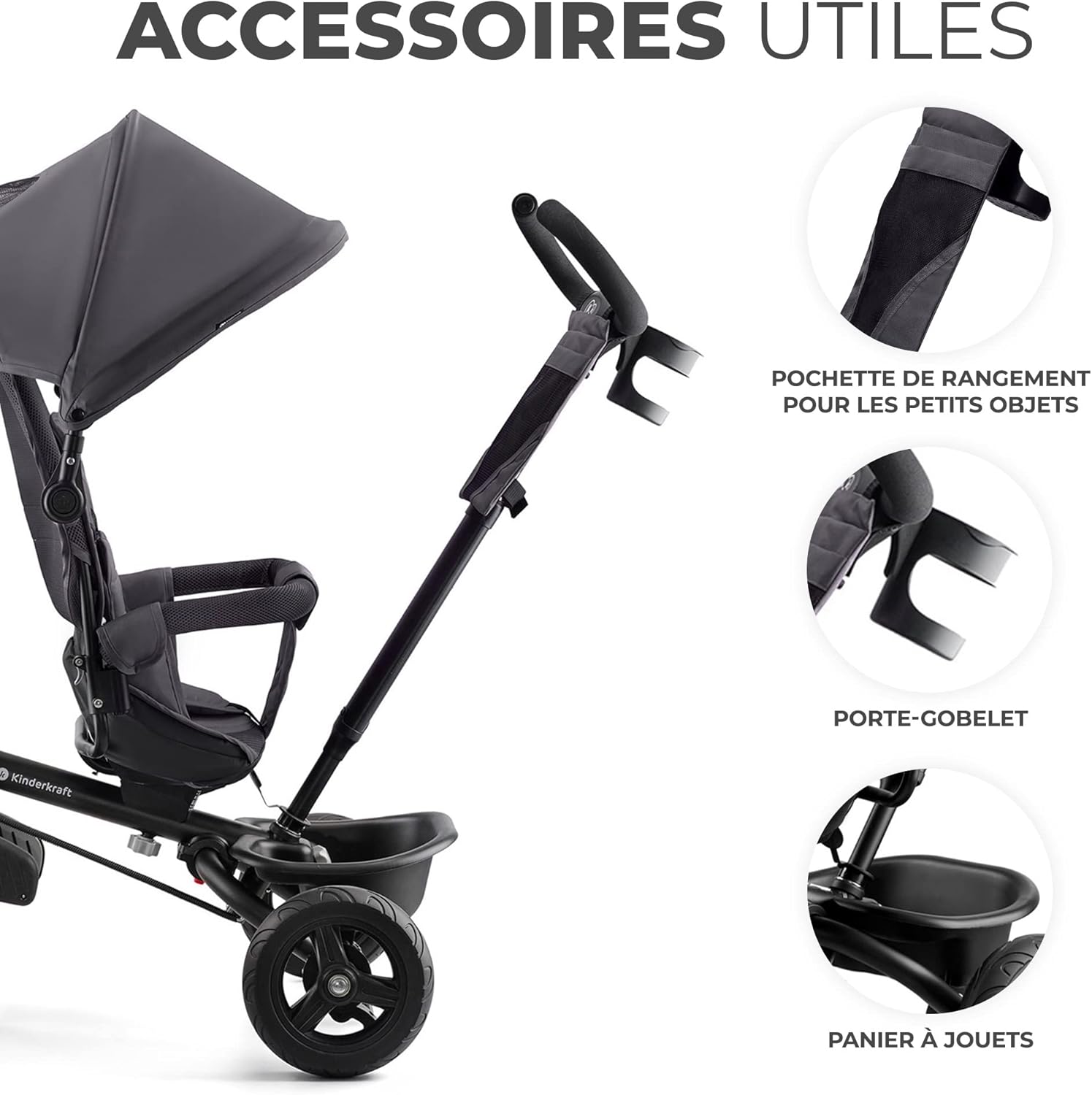 Kinderkraft AVEO Tricycle Bébé volutif, Draisienne volutif, Trike Bebe, Velo Poussette Bebe volutif, Velo Enfant 5 Ans, De 9 Mois, Pliable, Facile  Plier, Accessoires Pratiques, Gris