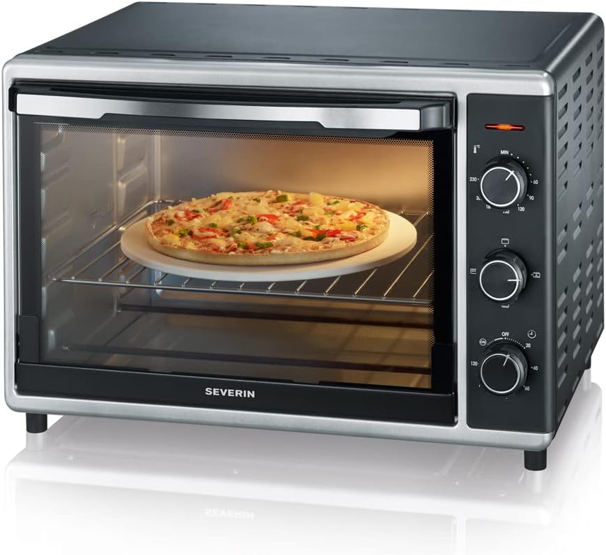 SEVERIN Mini-Four à chaleur tournante 42 L avec pierre à pizza et tournebroche, Four posable 1 800 W design élégant, électrique avec minuteur 120 min, Noir/Inox, TO 2058