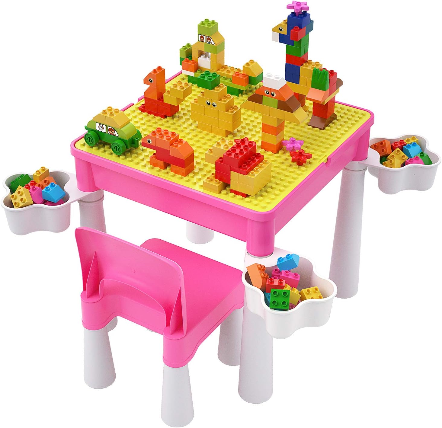 burgkidz Ensemble de Table Multi-activités pour Enfants 5-en-1-128 Pièces Blocs de Construction de Grandes Briques Compatibles, Jeu Comprenant 1 Chaise et 1 Table avec Rangement, Bleu