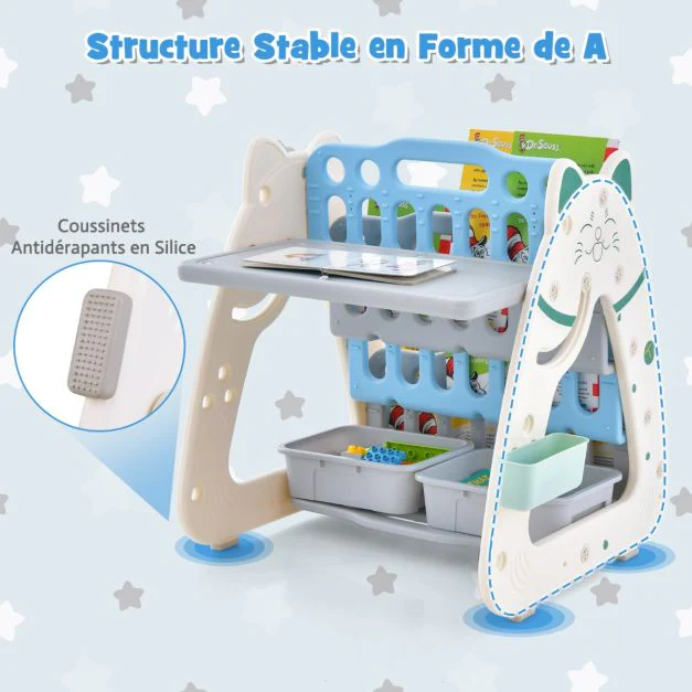 Tableau chevalet 3 en 1 magnétique enfant avec tabouret réglable en hauteur table enfant et bibliothèques 1-5 ans vert 20_0007583