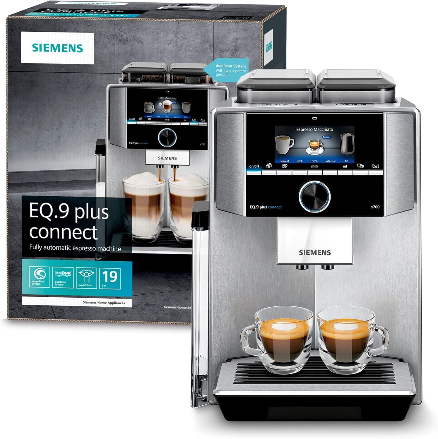 Siemens, machine à café automatique EQ900 TQ903D03, contrôle par l'application, écran tactile, mode barista, AromaBoost, réduction du bruit, broyeur premium, nettoyage à la vapeur, 1 500 W, inox