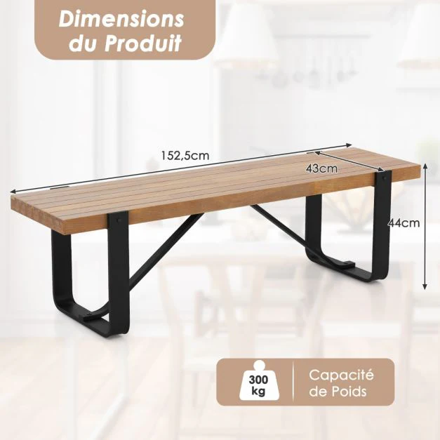 Banc d'entrée de 152,5 cm de long avec structure métallique rangement à chaussures rustique en bois capacité de charge 300 kg naturel 20_0007794
