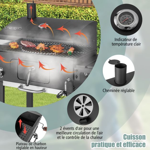 Barbecue à charbon de bois extérieur gril au charbon de bois portable avec 2 tables d'appoint pliables 8 crochets 2 roues ouvre-bouteille pour pique-nique camping patio noir 20_0005579