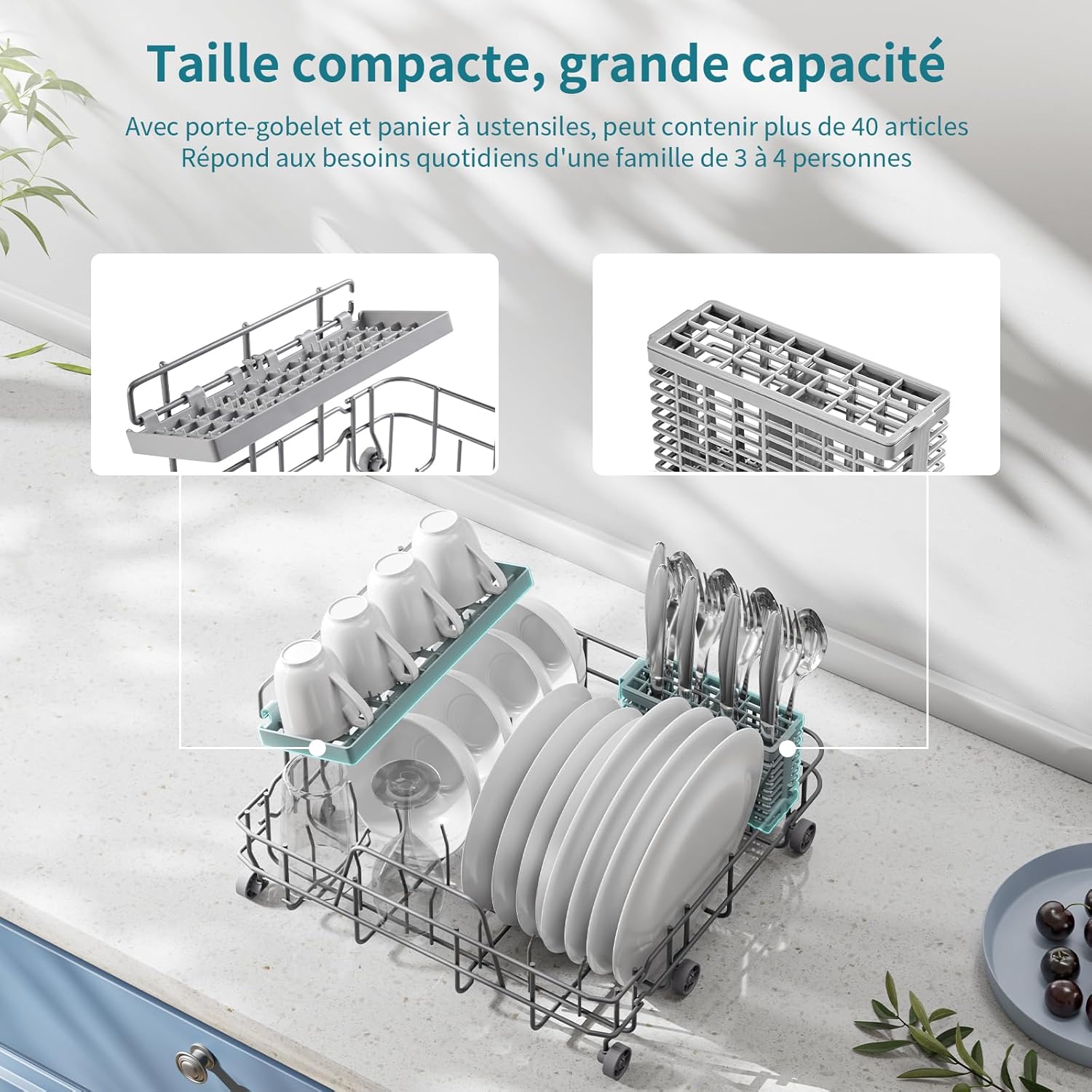 AIRMSEN Mini Lave-Vaisselle de Comptoir, 5+1 Programmes, Réservoir d'Eau de 5L, Contrle Tactile et cran LED, Adapté pour les Cuisines Familiales, Appartements et Dortoirs, Blanc et noir