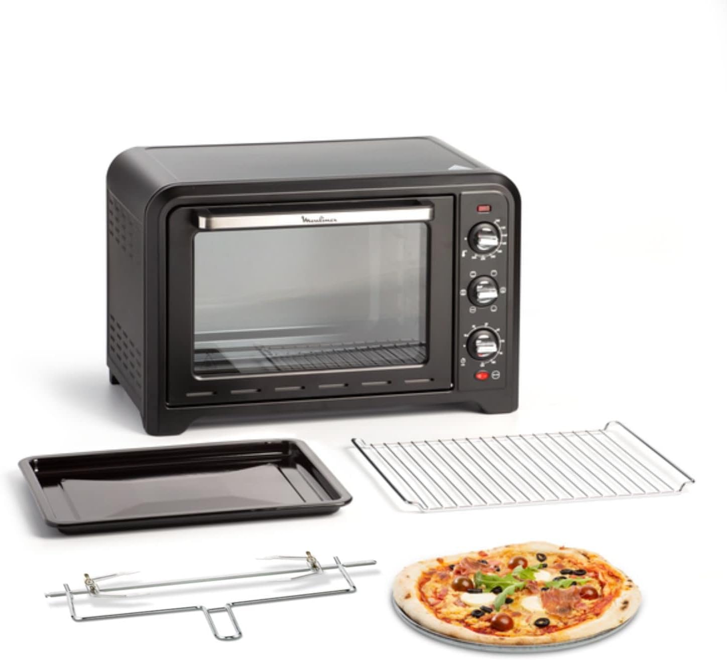 Moulinex Four électrique posable 19 L, Compact, chaleur tournante, 6 modes de cuisson, Thermostat réglable jusqu’à 240°C, Minuteur 120 min, Grille réversible, Lèche frites, Optimo noir OX444810