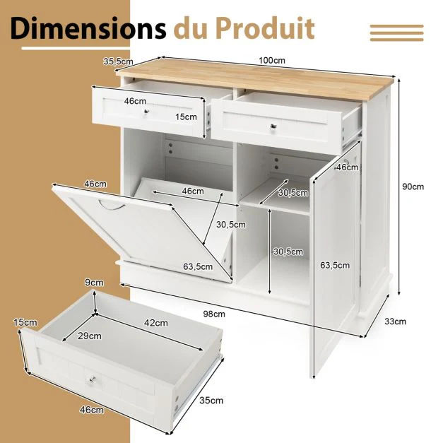 Buffet de cuisine avec plateau en caoutchouc 2 tiroirs étagère réglable et placard pour accueillir poubelle 42 l blanc 20_0004804