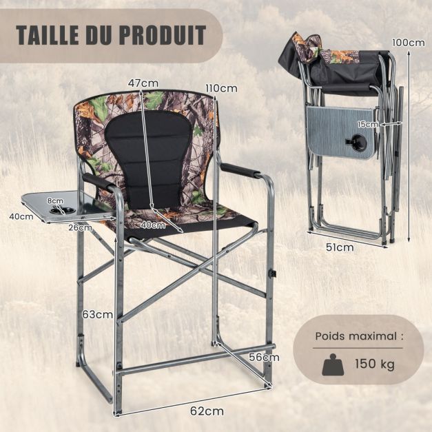 Chaise de camping pliante avec table latérale amovible charge 150 kg chaise de pêche avec porte-gobelet pour chasse randonnée 20_0005010