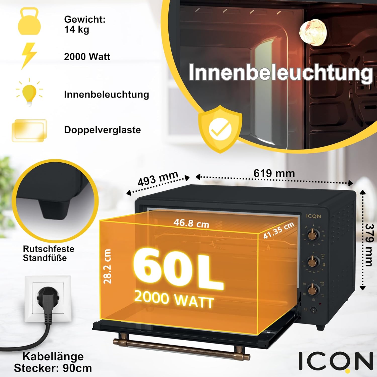 ICQN Mini Four Electrique 60l, 5 Fonctions, 40°-230°C, 2000 W, Anthracite Noir