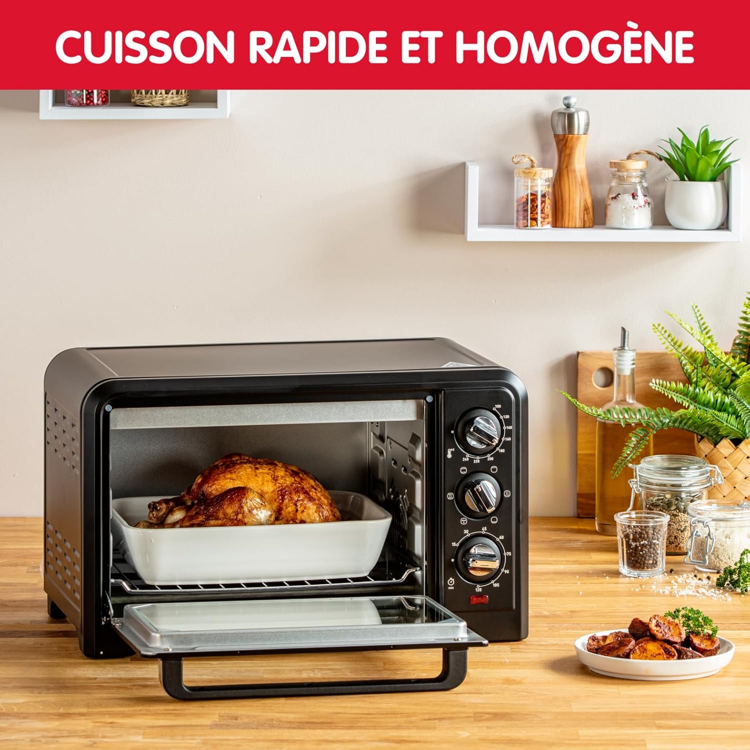 Moulinex Four électrique posable 19 L, Compact, chaleur tournante, 6 modes de cuisson, Thermostat réglable jusqu’à 240°C, Minuteur 120 min, Grille réversible, Lèche frites, Optimo noir OX444810