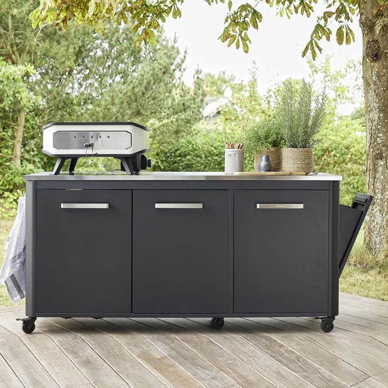 Table d'extérieur avec 3 portes et 6 roues en acier inoxydable pour cuisiner à l'extérieur Cozze