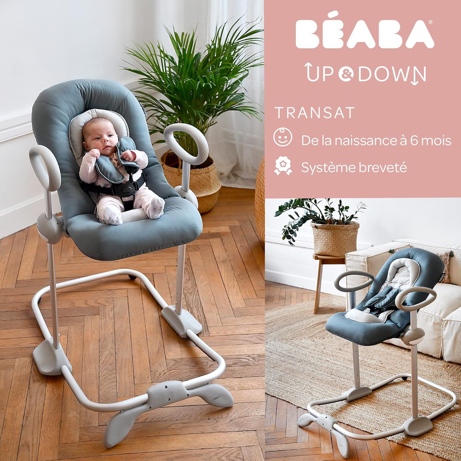 Béaba, Transat Up & Down IV, Transat Réglable en Hauteur, Unisexe pour Bébé et Enfants, 3 Positions d'Inclinaison, Harnais Sécurité 5 Points, Réducteur de Naissance, Gris minéral et miel