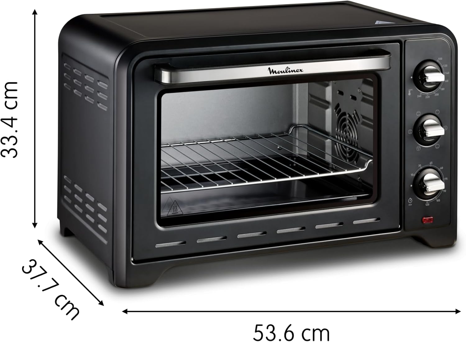 Moulinex Four électrique posable 19 L, Compact, chaleur tournante, 6 modes de cuisson, Thermostat réglable jusqu’à 240°C, Minuteur 120 min, Grille réversible, Lèche frites, Optimo noir OX444810