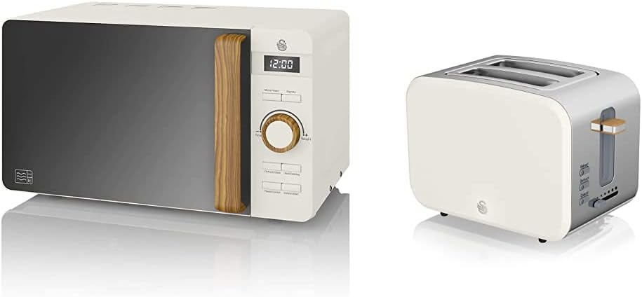 Swan Four à micro-ondes numérique Nordic 20 L, 6 niveaux de puissance, 800 W, minuterie de 30 minutes, nettoyage facile, mode dégivrage, design moderne, poignée effet bois, blanc mat