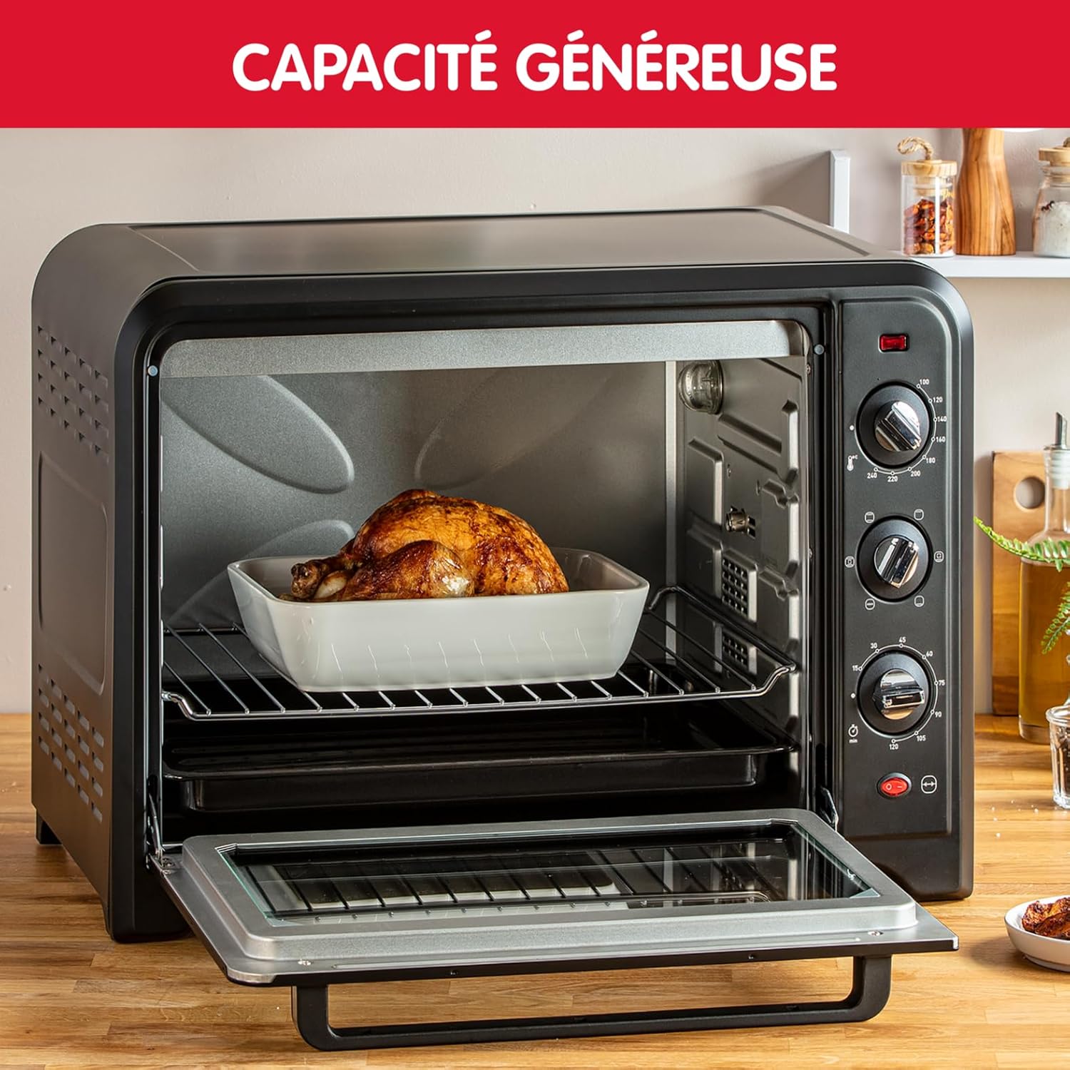 Moulinex Four électrique posable 19 L, Compact, chaleur tournante, 6 modes de cuisson, Thermostat réglable jusqu’à 240°C, Minuteur 120 min, Grille réversible, Lèche frites, Optimo noir OX444810